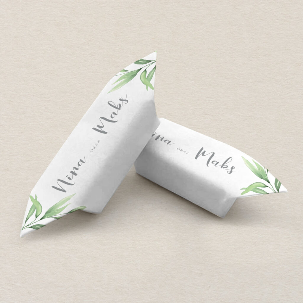 Krówki ślubne do zaproszeń Zielone gałązki wzór 1