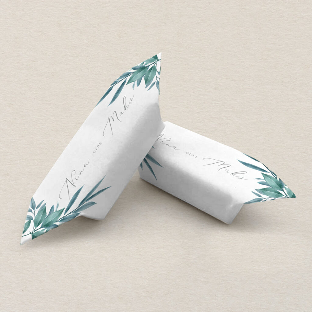 Krówki ślubne do zaproszeń Zielone gałązki wzór 2