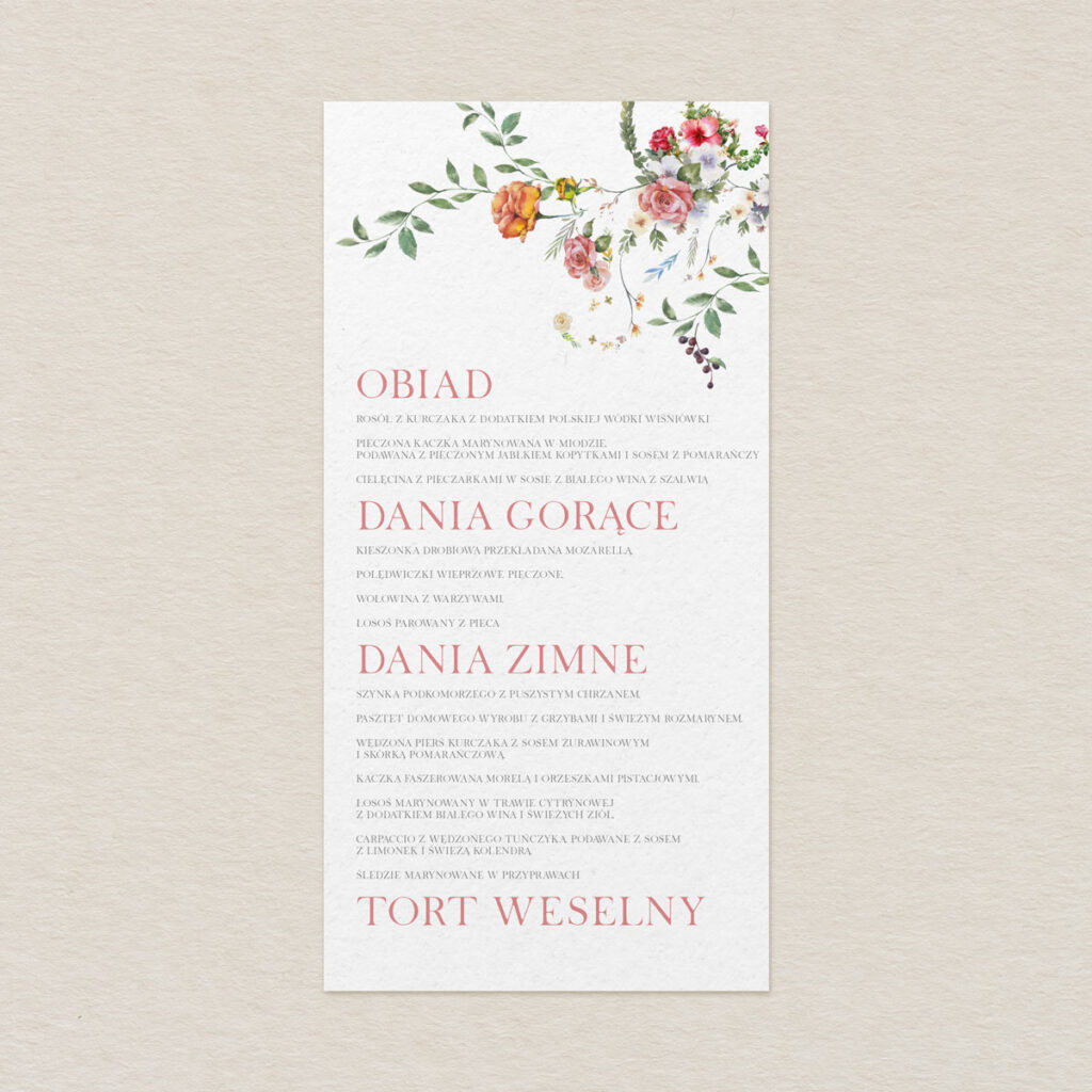 Menu do zaproszeń minimalistyczne Delikatne wzór 1