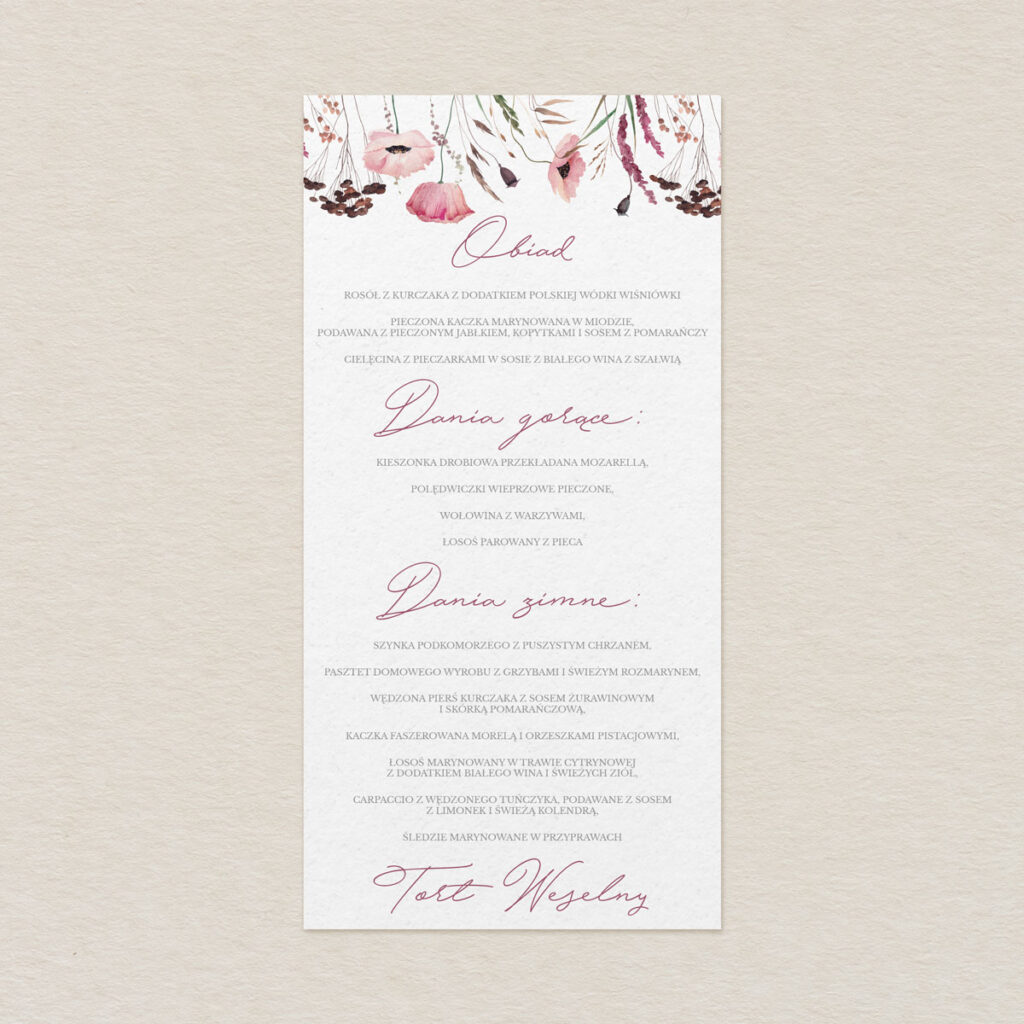 Menu do zaproszeń eleganckie Polne kwiaty wzór 1