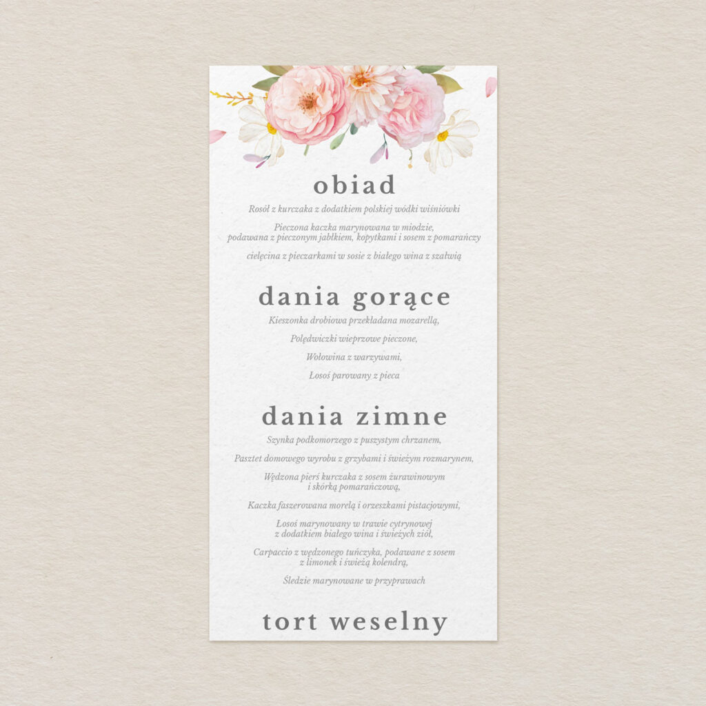 Menu do zaproszeń eleganckie Polne kwiaty wzór 2