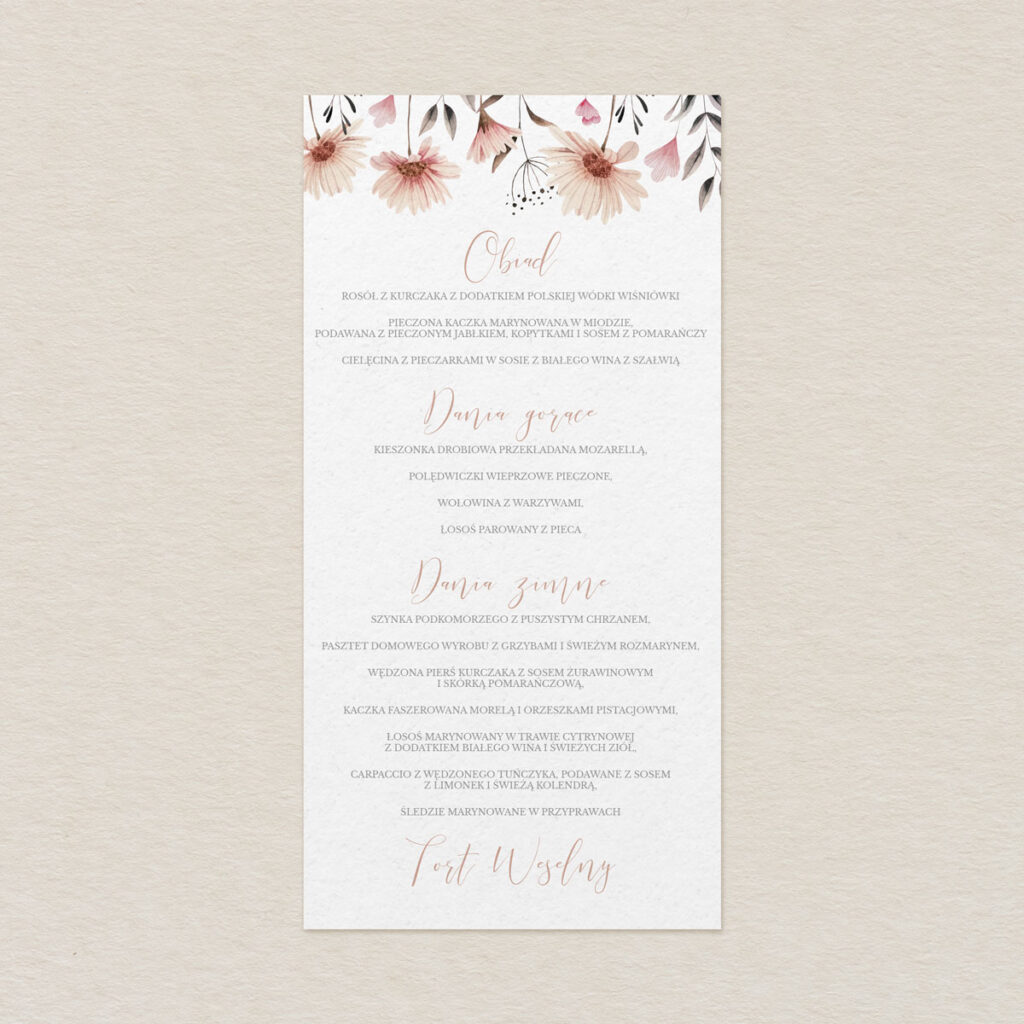 Menu do zaproszeń eleganckie Polne kwiaty wzór 3