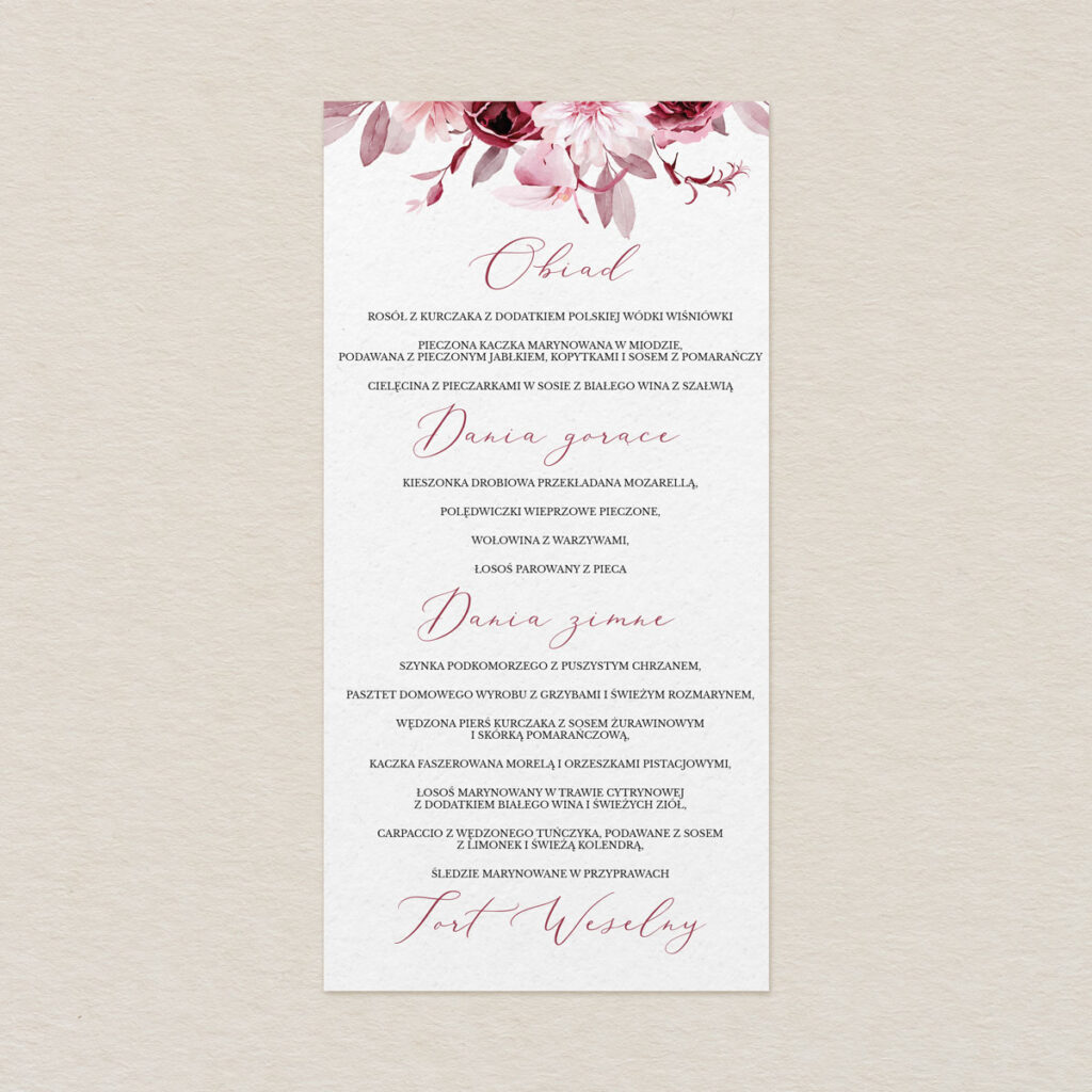 Menu do zaproszeń eleganckie Polne kwiaty wzór 4