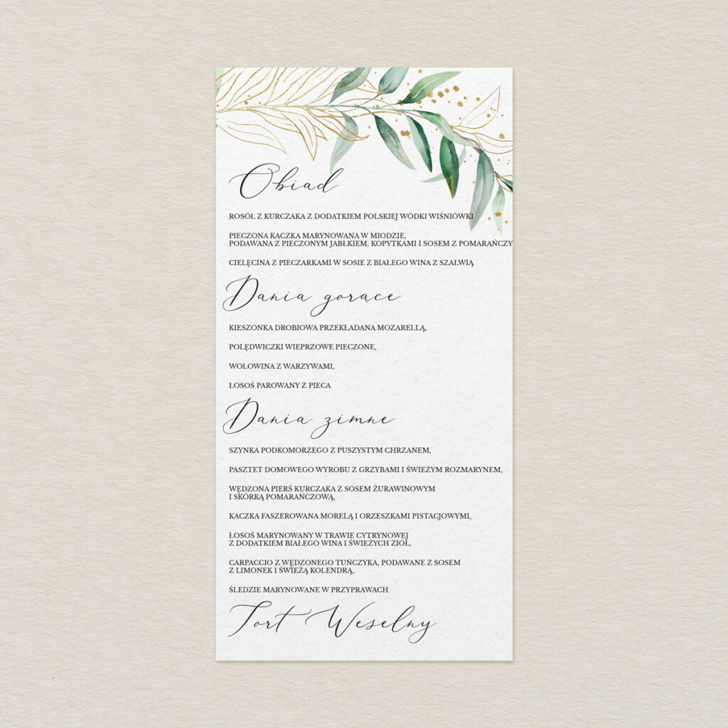 Menu do zaproszeń Eleganckie ze złotem wzór 1