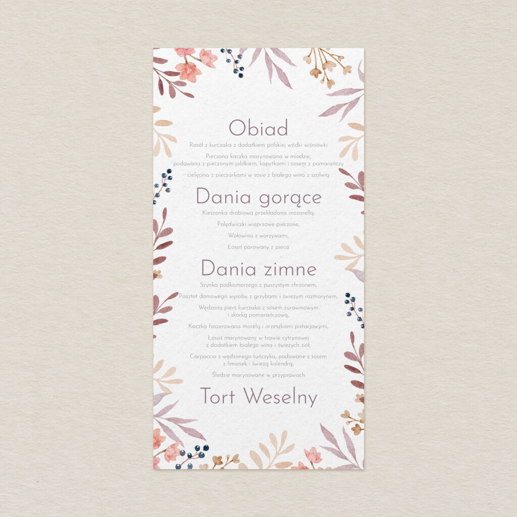 Menu do zaproszeń Klasyczne z kwiatami wzór 4