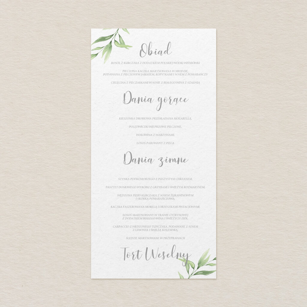 Menu do zaproszeń Zielone gałązki wzór 1