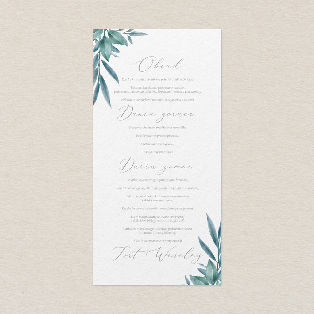 Menu do zaproszeń Zielone gałązki wzór 2