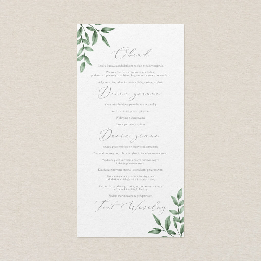 Menu do zaproszeń Zielone gałązki wzór 3