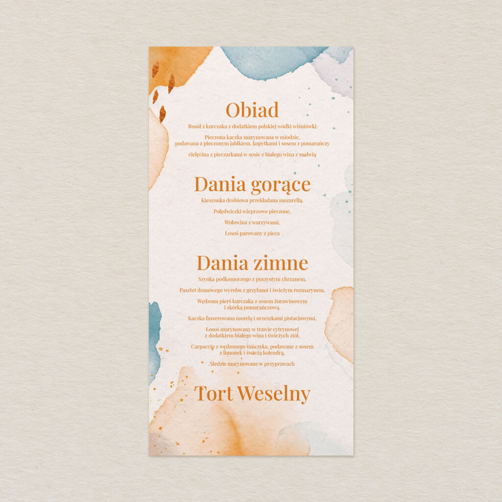 Menu do zaproszeń eleganckie Nowoczesna akwarela wzór 1