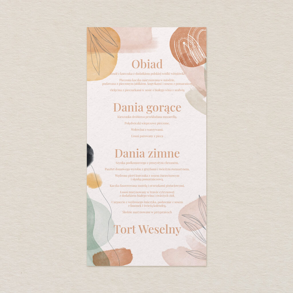 Menu do zaproszeń eleganckie Nowoczesna akwarela wzór 2