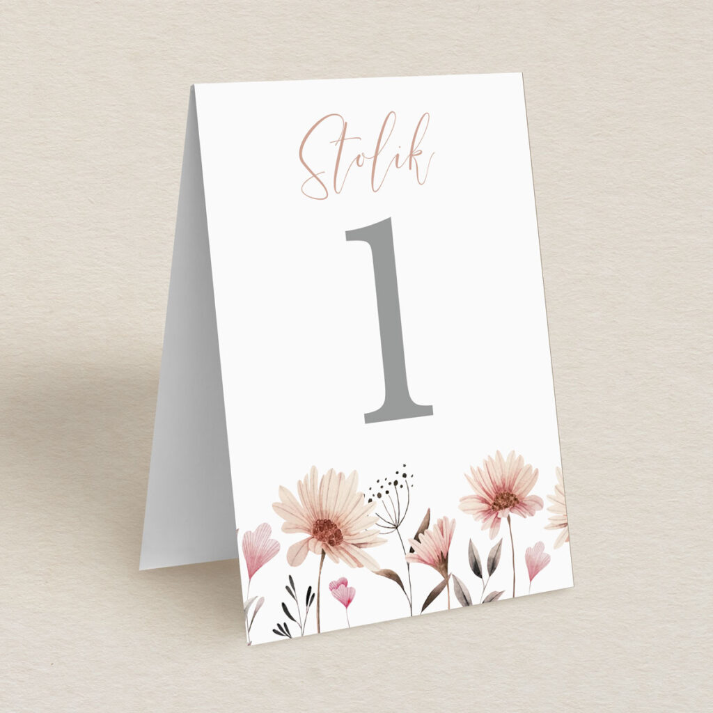 Numery stolika do zaproszeń eleganckie Polne kwiaty wzór 3