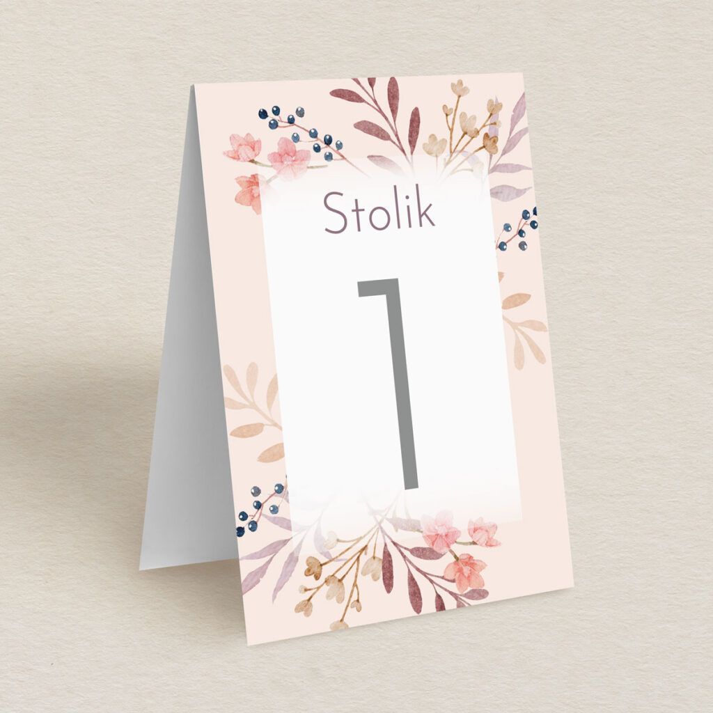 Numery stolika do zaproszeń Klasyczne z kwiatami wzór 4