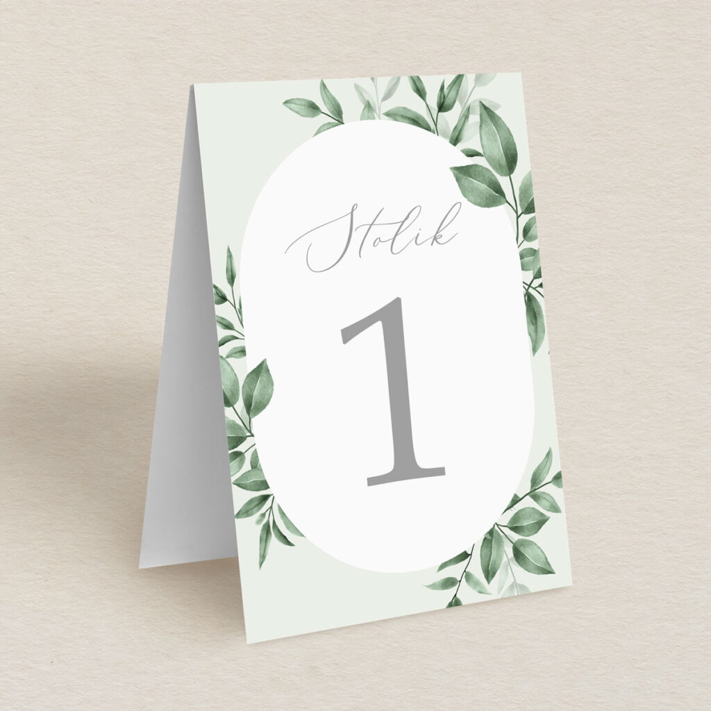 Numery stolika do zaproszeń Zielone gałązki wzór 3