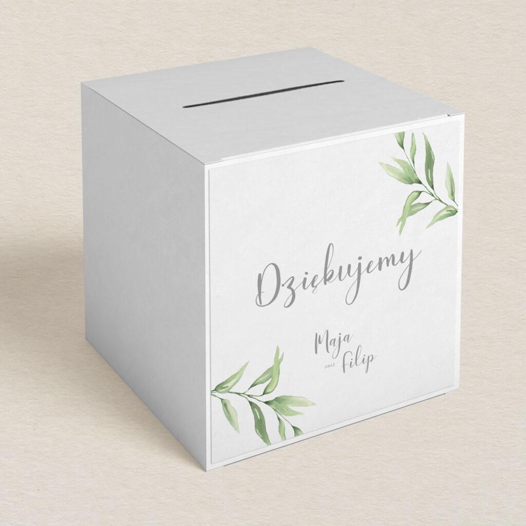 Pudełko na koperty do zaproszeń Zielone gałązki wzór 1