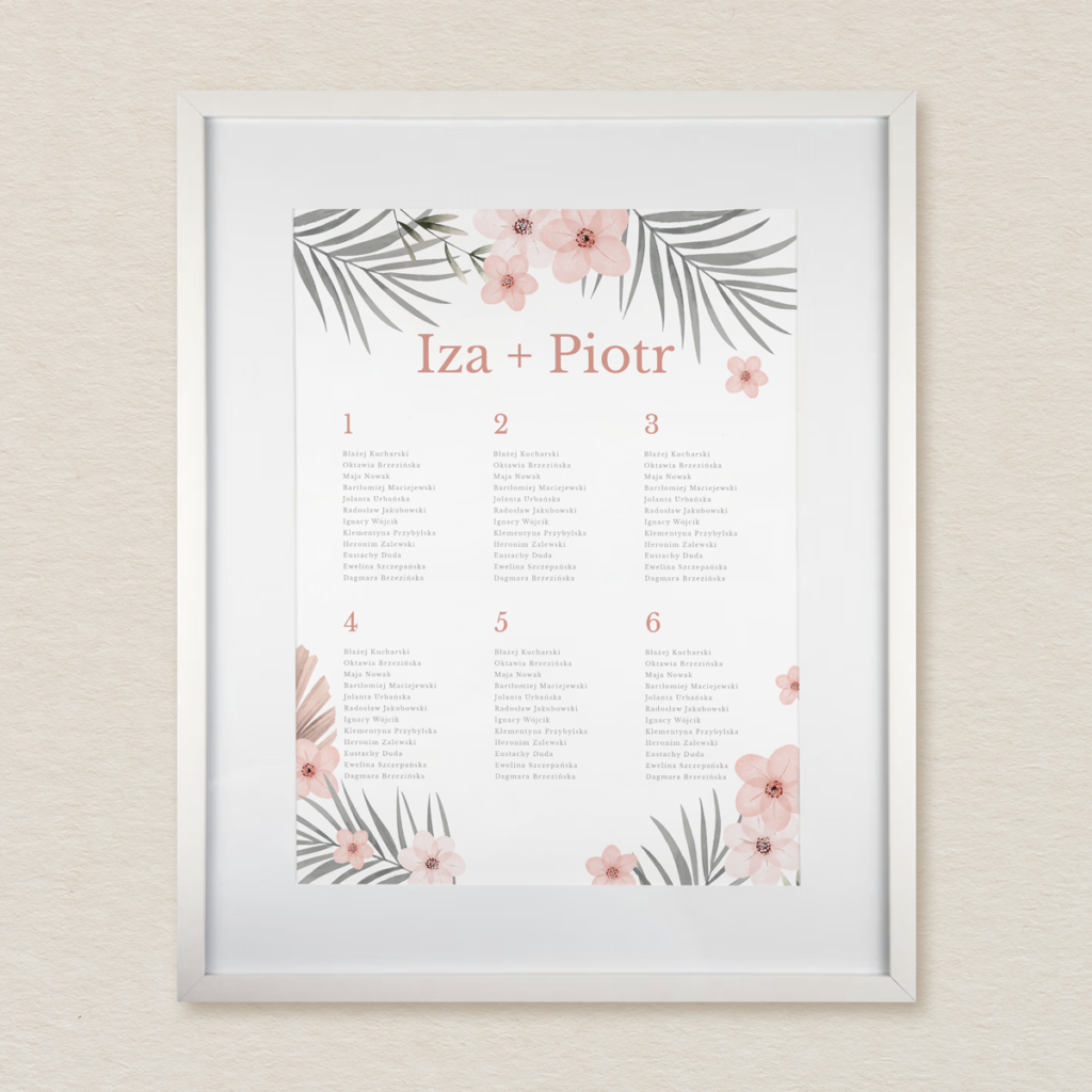 Plan stołów do zaproszeń Klasyczne z kwiatami wzór 1