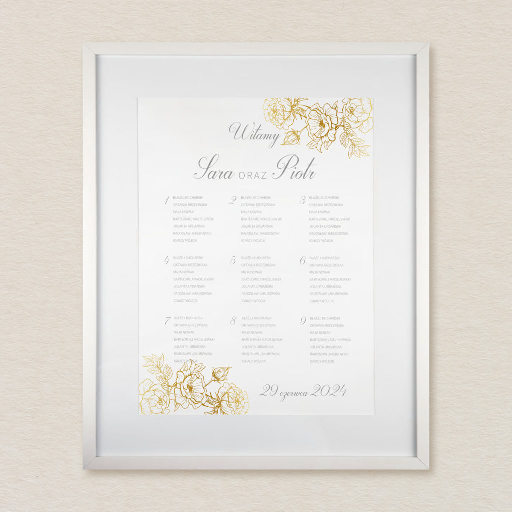 Plan stołów do zaproszeń minimalistyczne Złocone wzór 2
