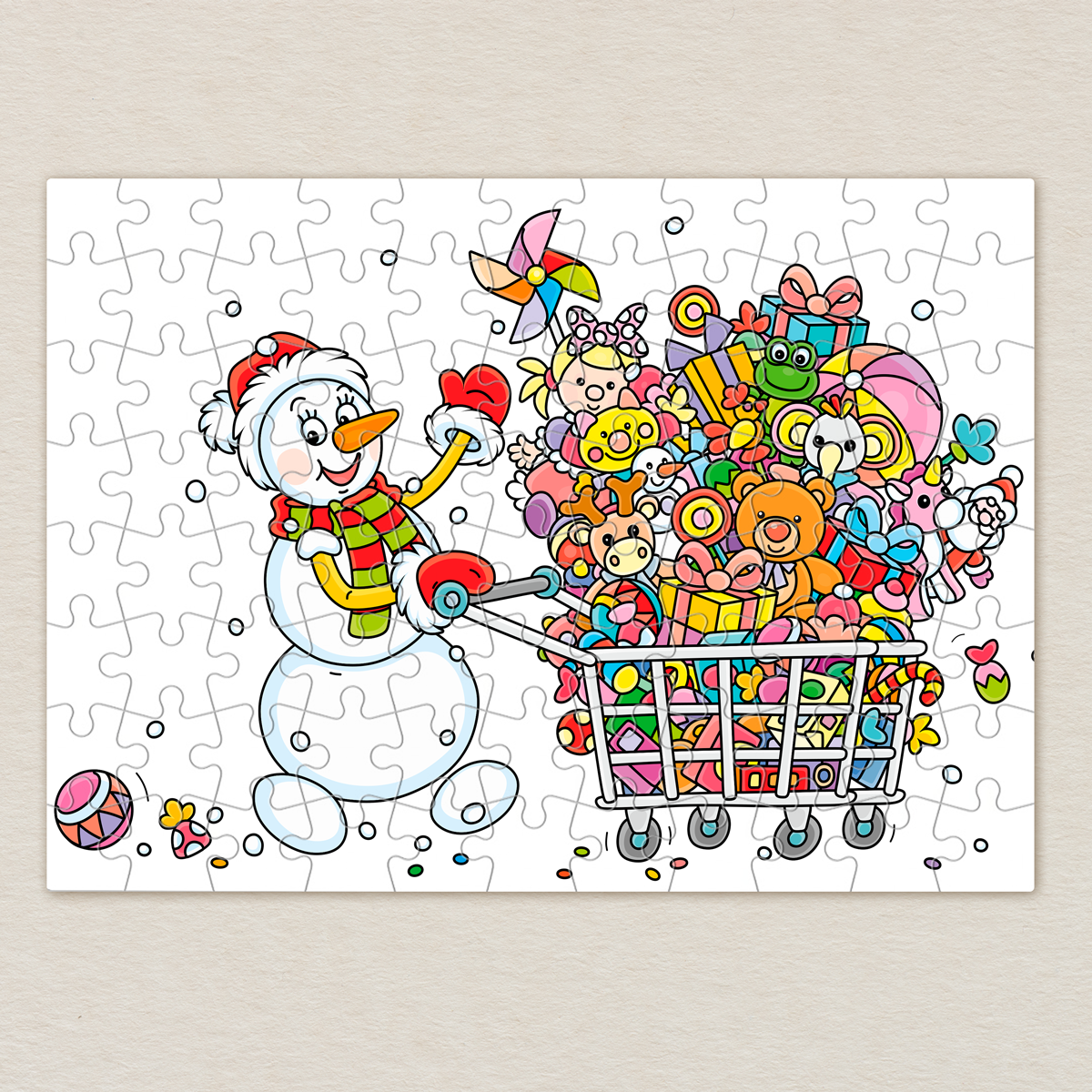 puzzle-z-nadrukiem-balwanek-z-koszykiem-prezentow