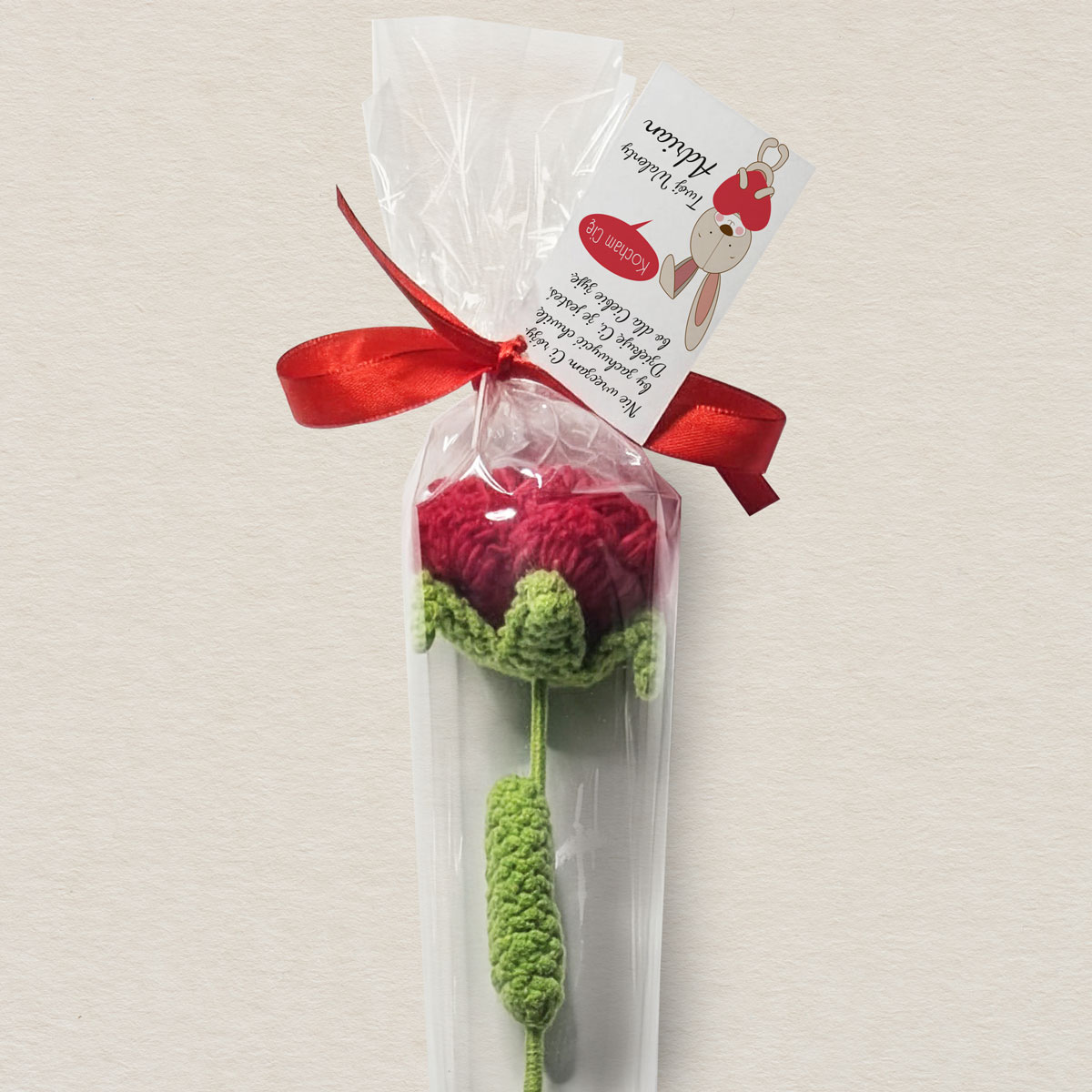 Kwiat Róża Handmade - Króliczek z Sercem