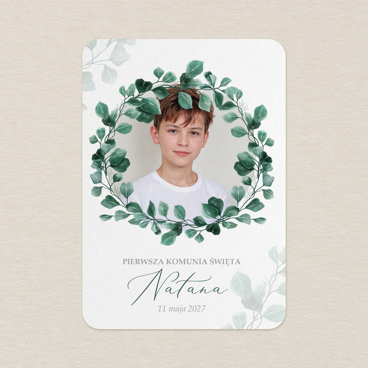 karta-podziekowanie-na-komunie-ze-zdjeciem-zielony-wianek