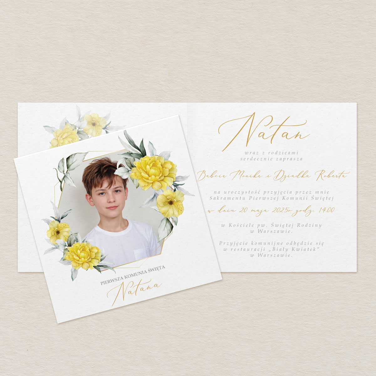zaproszenie-na-komunie-ze-zdjeciem-zolte-kwiaty-elegance
