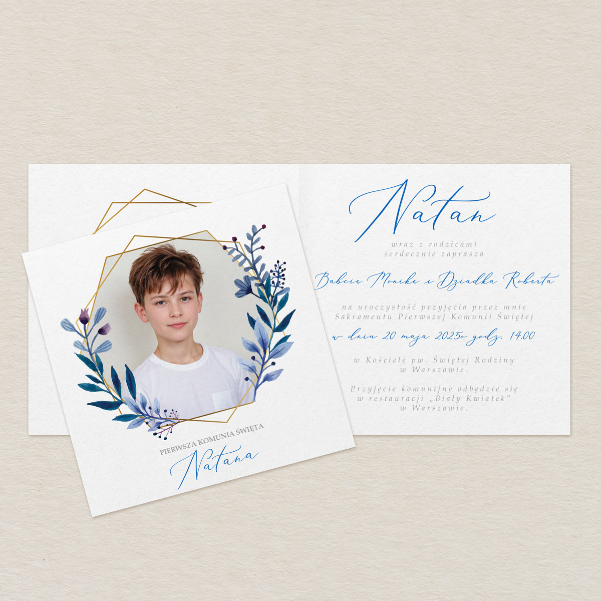 zaproszenie-na-komunie-ze-zdjeciem-geometryczny-wianek-blue