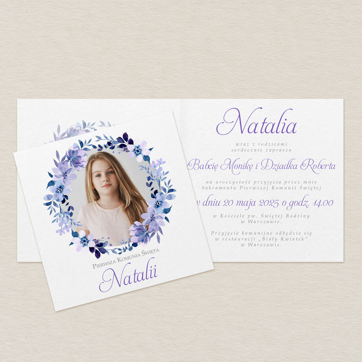 zaproszenie-na-komunie-ze-zdjeciem-lawendowy-wianek-akwarela