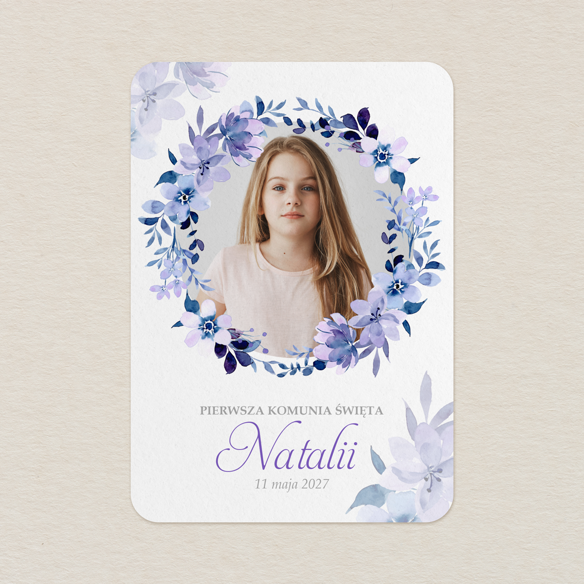karta-podziekowanie-na-komunie-ze-zdjeciem-lawendowy-wianek