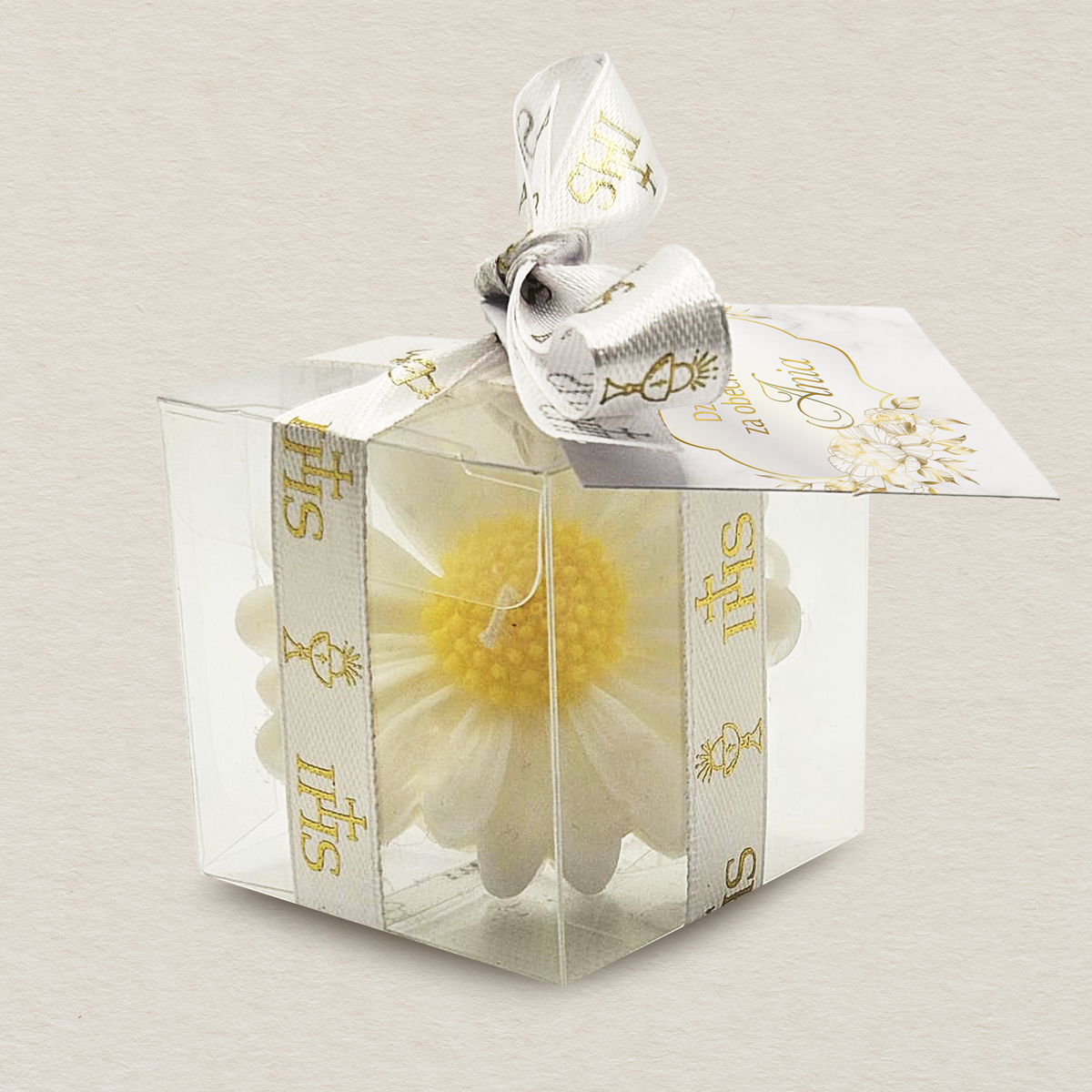bialy-slonecznik-w-pudelku-podziekowanie-dla-gosci-komunia-zlota-ramka