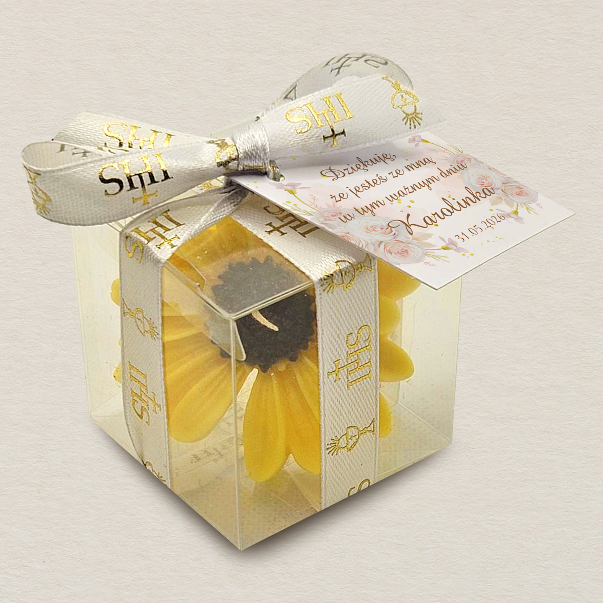 zolty-slonecznik-w-pudelku-podziekowanie-dla-gosci-komunia-rozane-podziekowanie
