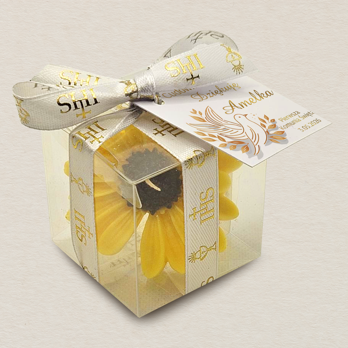 zolty-slonecznik-w-pudelku-podziekowanie-dla-gosci-komunia-golebica-komunijna