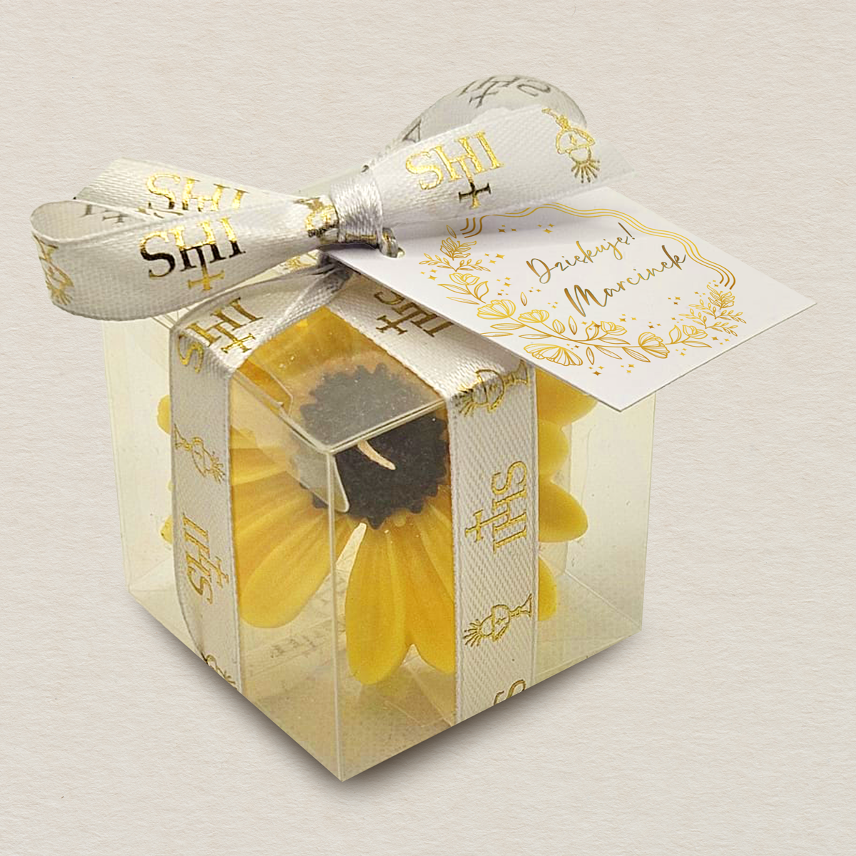 zolty-slonecznik-w-pudelku-podziekowanie-dla-gosci-komunia-zloty-wianek